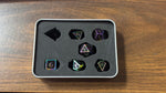 Black Shadow 7 Metal Dice with Rainbow Numbers