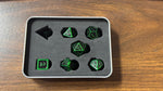 Black Shadow 7 Metal Dice with Green Numbers