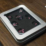 Gunmetal 7 Metal Polyhedral Dice - Pink Numbers