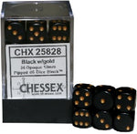 Chessex Opaque 36D6 Black/Gold 12mm Dice