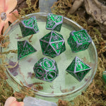 Mystery Dice Goblin Swords Green and Silver Metal Core Dice Set