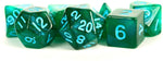 16mm Acrylic Stardust Poly Dice Set: Green/Blue Numbers (7)