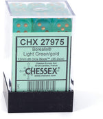 Borealis: 12mm d6 Light Green/gold Luminary Dice Block (36 dice)