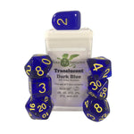 7ct Dice Set with Arch'D4: Translucent Dark Blue with Yellow