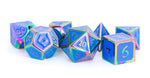 16mm Metal Polyhedral Dice Set: Rainbow with Blue Enamel