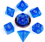 10mm Mini Stardust Acrylic Poly Dice Set: Blue w/ Silver Numbers (7)