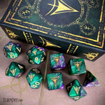 Elder Dice: Yellow Sign Polyhedral Set - Masked Purple and Green