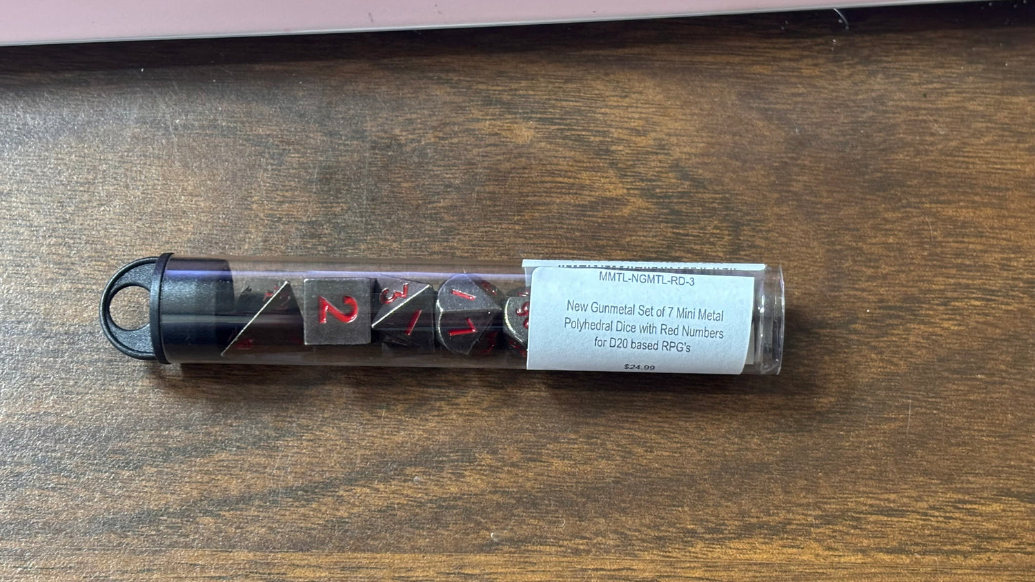 Gunmetal 7 Mini Dice with Red Numbers