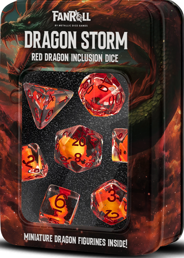 16mm Resin 7 Piece Dice Set: Dragon Storm Red Dragon Inclusion Dice
