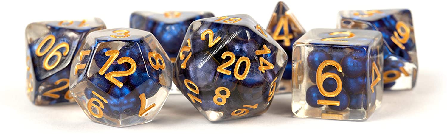 Pearl Resin 16mm Poly Dice Set: Royal Blue/Gold Numbers (7)