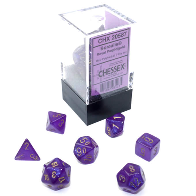 Borealis: Mini-Polyhedral Royal Purple/gold Luminary 7-Die Set