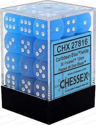 Chessex 36 12mm D6 Dice Block Frosted Carribbean Blue w/White 27816