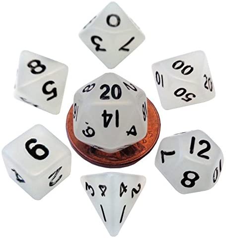 Mini Polyhedral Dice Set: Glow Clear with Black Numbers