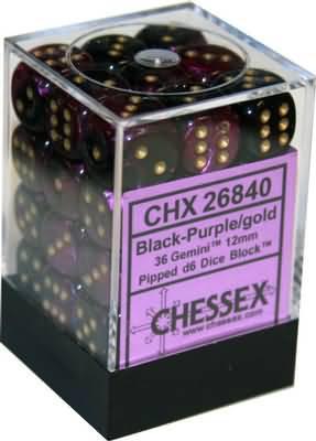 Chessex 36 12mm D6 Dice Block Gemini Black-Purple/Gold 26840