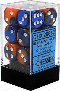 Chessex Blue-Orange /w white Dice Block 12 Gemini 16mm Pipped d6 Dice 26652