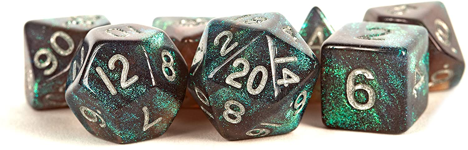 16mm Acrylic Stardust Poly Dice Set: Gray/Silver Numbers (7)