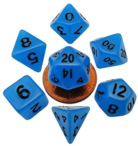 Mini Polyhedral Dice Set: Glow Blue with Black Numbers