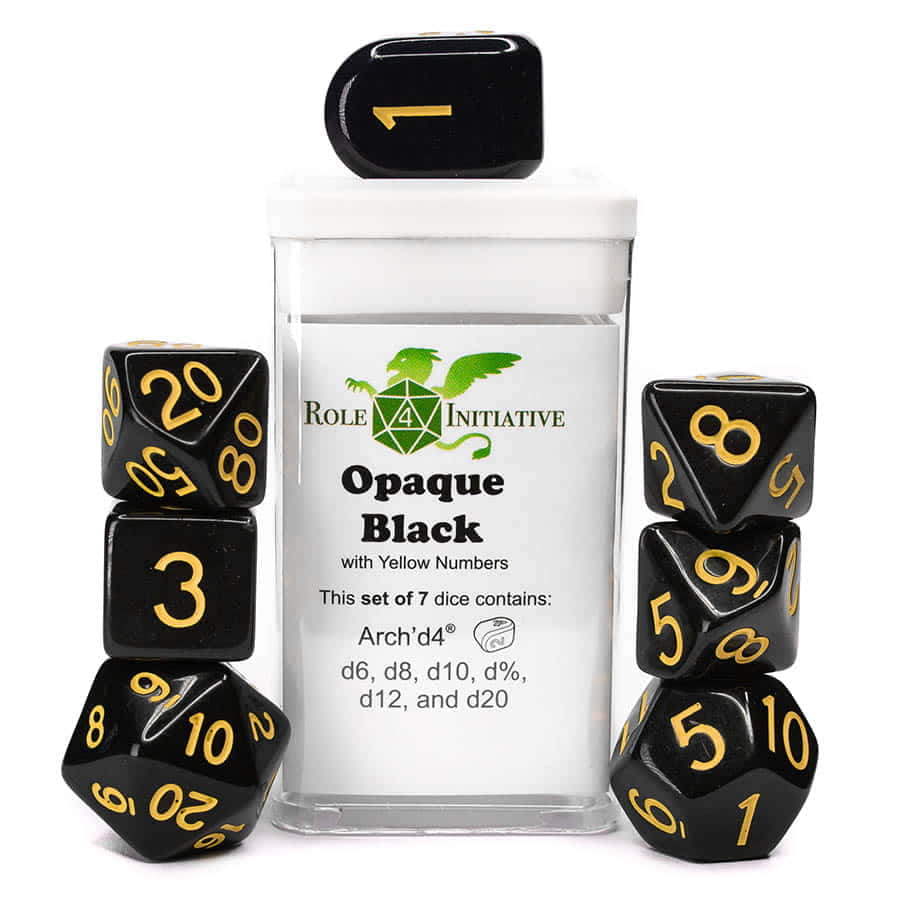 7CT Dice Set with Arch'D4: Opaque Black with Gold Numerals