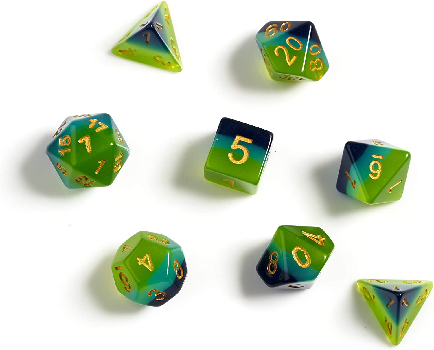 RPG Dice Set (7): Green, Blue Translucent