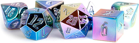 16mm Aluminum Plated Acrylic Poly Dice Set: Rainbow Aegis w/ White Numbers (7)