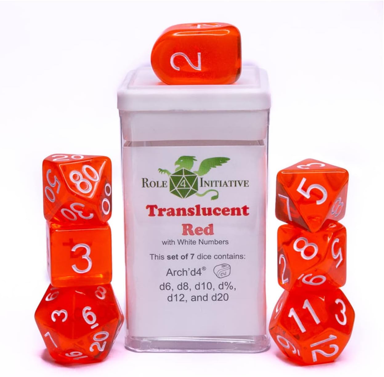 Role 4 Initiative Polyhedral Dice - Translucent Red w/White and Arch'd4 (7)