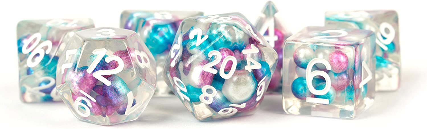 Pearl Resin 16mm Poly Dice Set: Gradient Purple/Teal/White Numbers (7)
