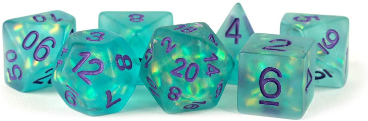 Icy Opal Resin: 16mm Dice Poly Set Teal/Purple Numbers (7)