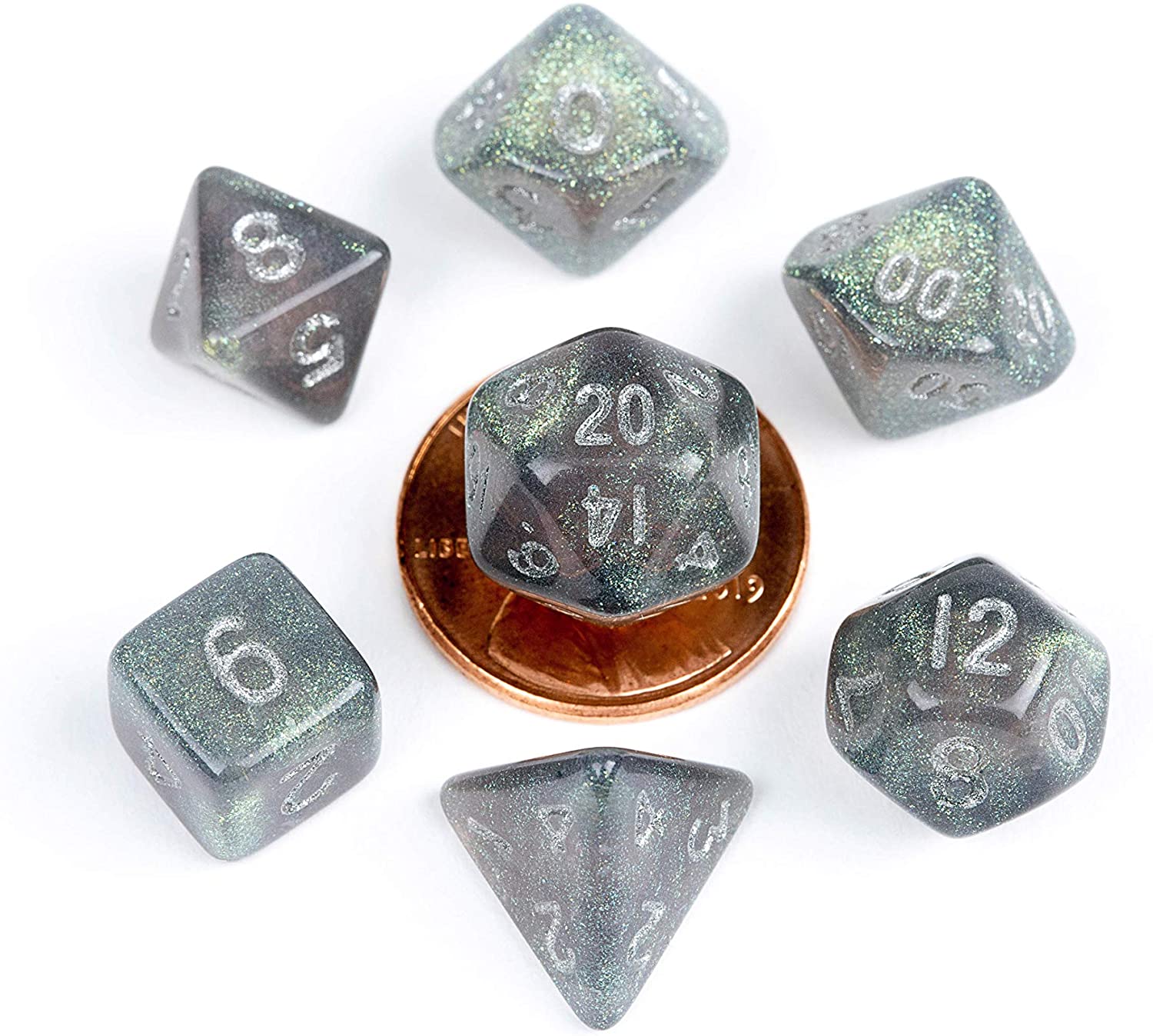 10mm Mini Stardust Acrylic Poly Dice Set: Gray w/ Silver Numbers (7)