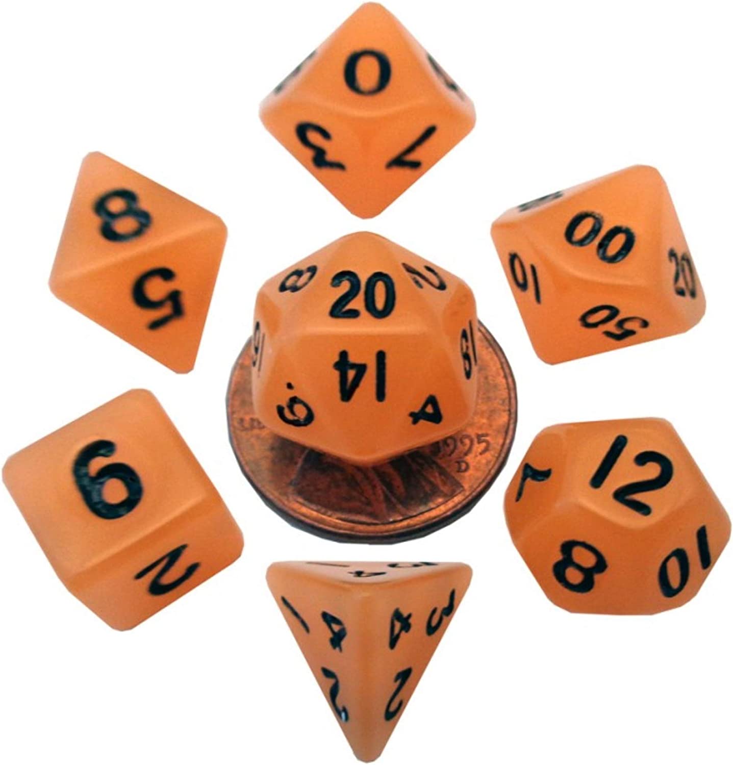 Mini Polyhedral Dice Set: Glow Orange with Black Numbers