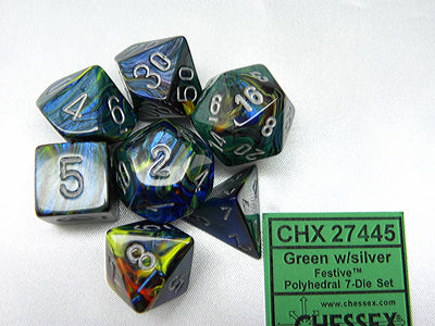 Chessex Polyhedral 7-Die Set Festive Green w/Silver 27445