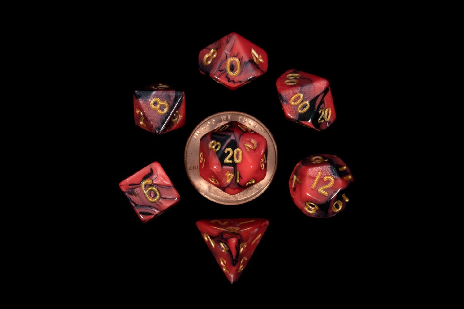 Mini Polyhedral Dice Set: Red/Black with Gold Numbers