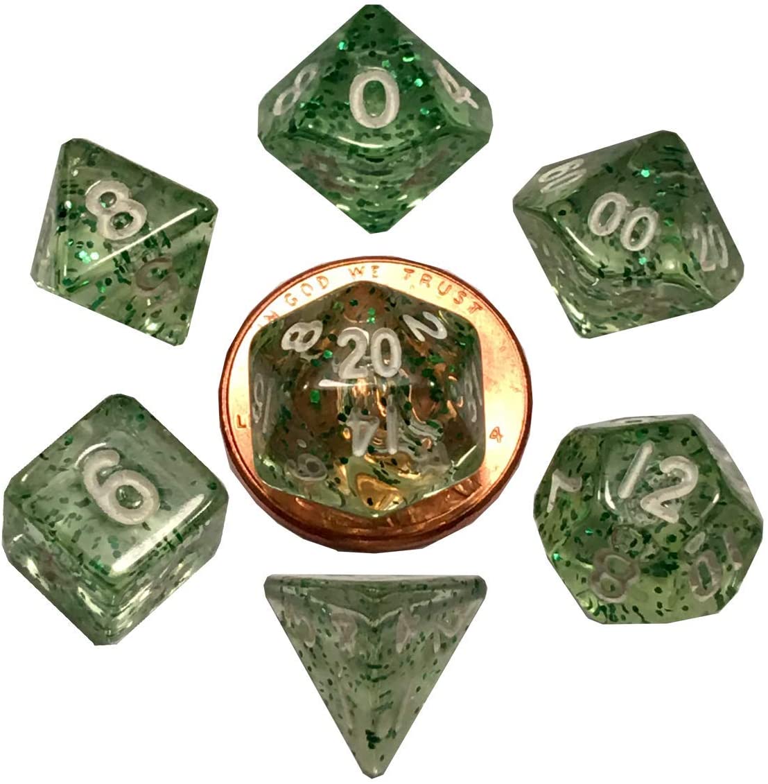 Mini Polyhedral Dice Set: Ethereal Green with White Numbers