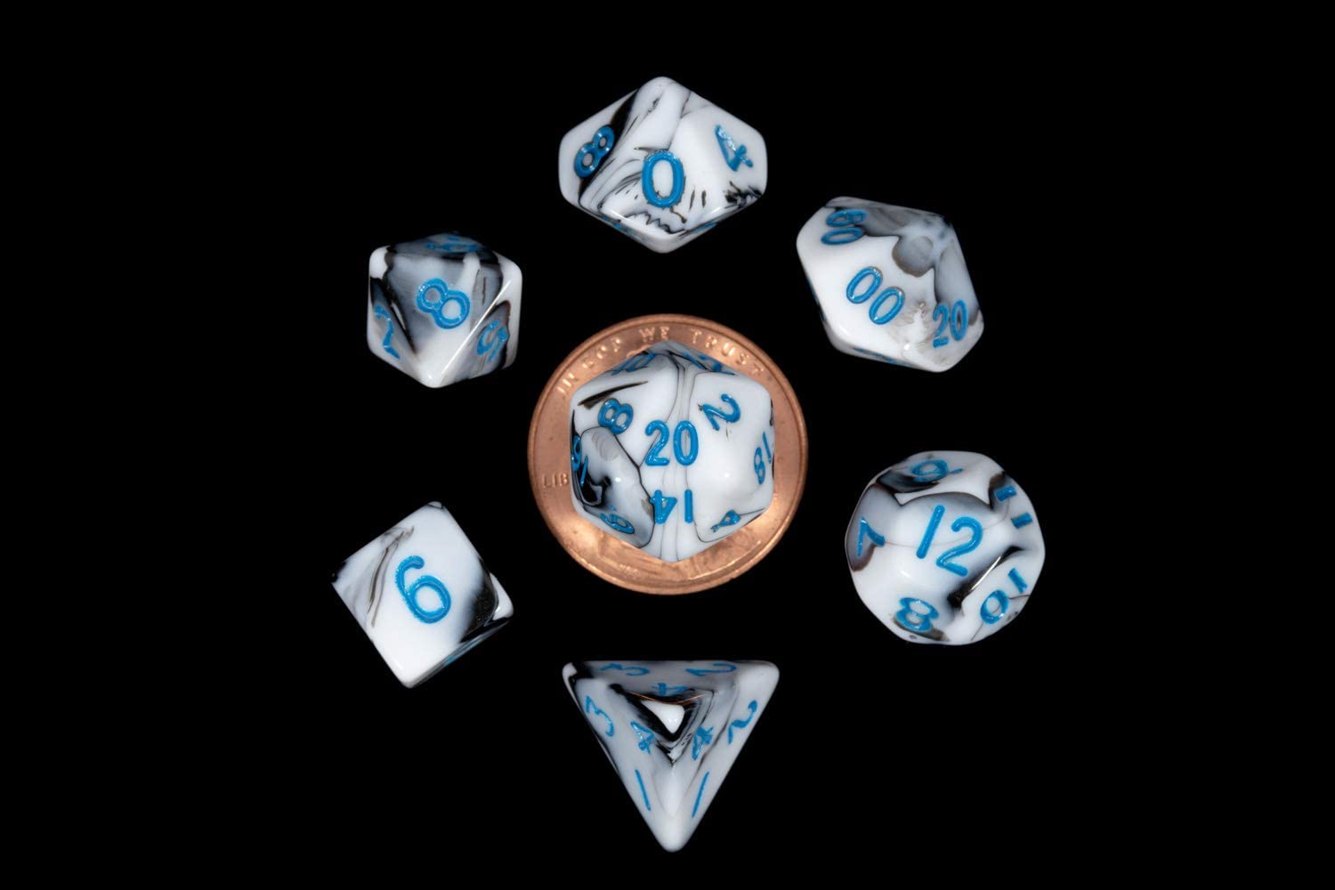 Mini Polyhedral Dice Set: Marble with Blue Numbers