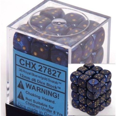 Chessex 36 12mm D6 Dice Block Scarab Royal Blue/Gold 27827