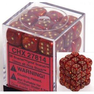 Chessex 36 12mm D6 Dice Block Scarab Scarlet w/Gold 26814