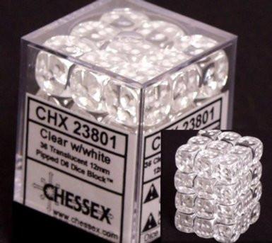 Chessex 36 12mm D6 Dice Block Translucent Clear w/ White 23801