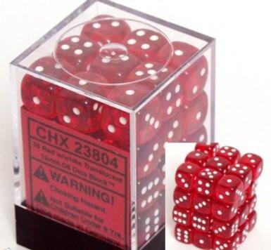 Chessex 36 12mm D6 Dice Block Translucent Red w/White 23804