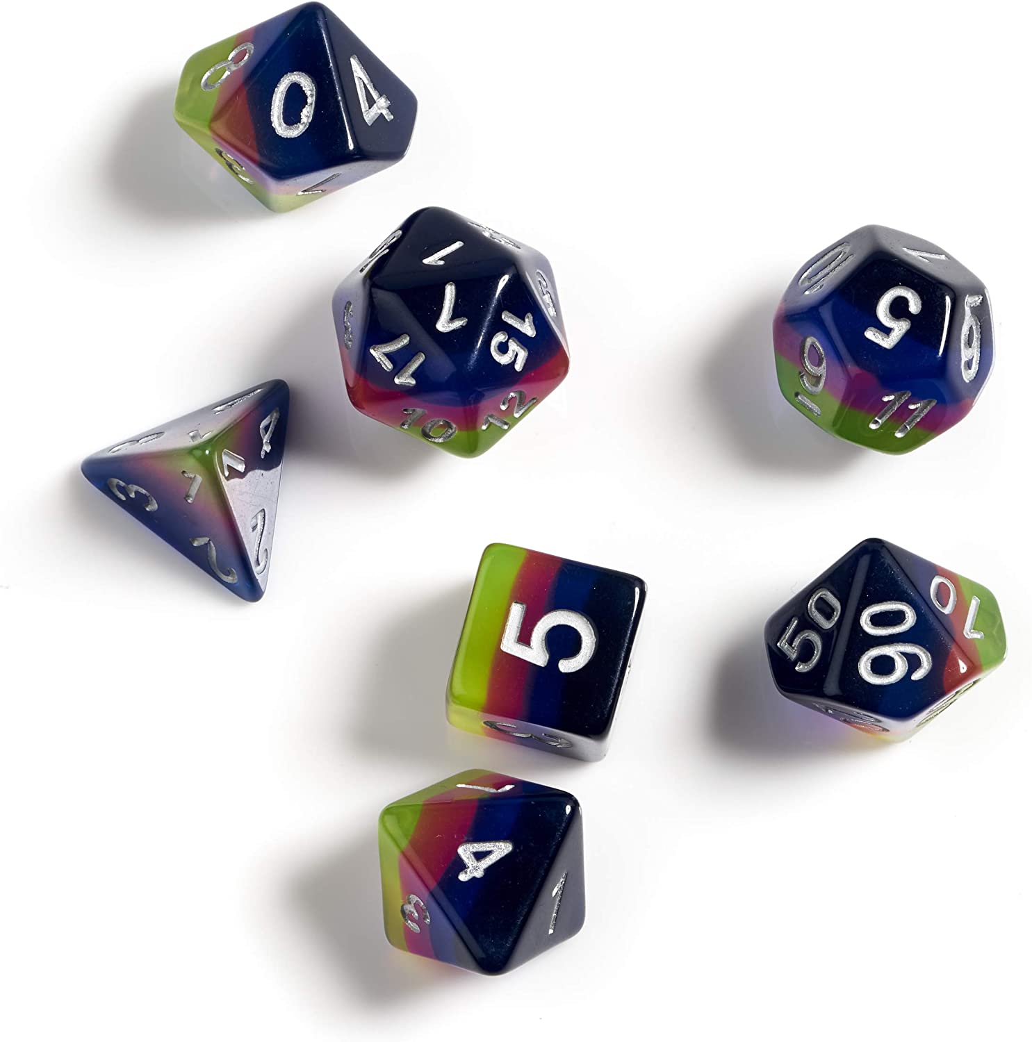 RPG Dice Set (7): Pink, Green, Blue