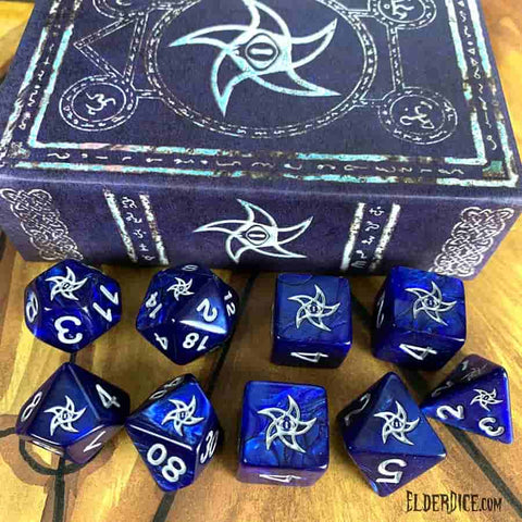 Elder Dice: Blue Astral Elder Sign Polyhedral Set: Ley Silver