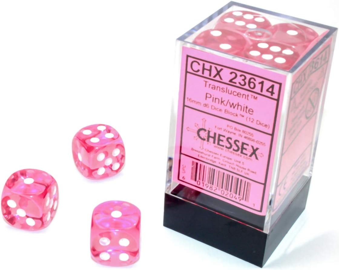 Translucent: 16mm D6 Pink/White (12)