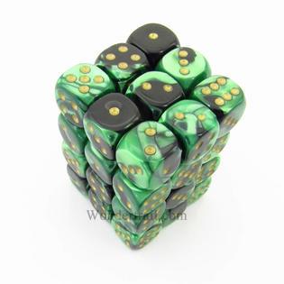 Chessex 36 12mm D6 Dice Block Black/Green/Gold Gemini 26839
