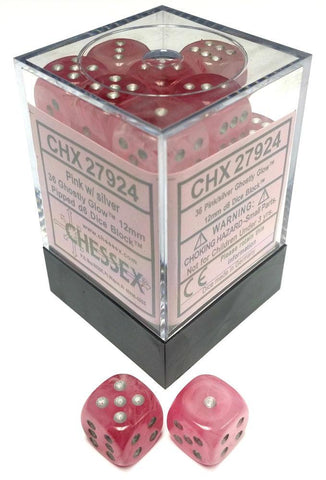 Chessex 36 12mm D6 Dice Block Ghostly Glow Pink w/Silver 27924