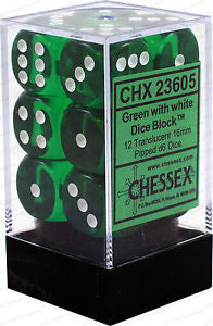Chessex 12 16mm Pipped D6 Dice Block Translucent Green with White 23605